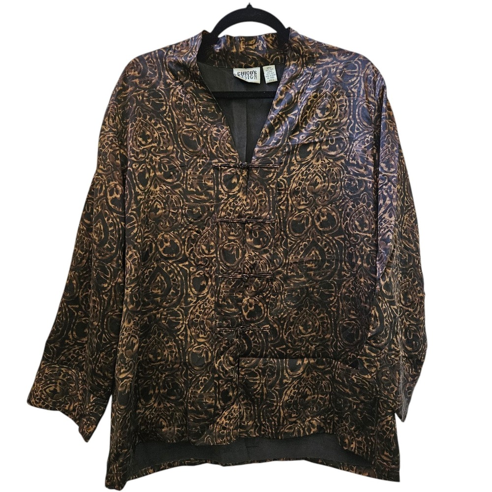 Chico's Top Women's 2 L Brown Black Silk Paisley Mandarin Blouse Jacket Oriental